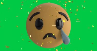 Yeşil ekran arka planında ağlayan emoji simgesinin üzerine düşen konfeti animasyonu. küresel sosyal medya, dijital arayüz, teknoloji ve ağ konsepti dijital olarak oluşturulmuş video. deneme