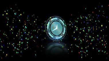 Elleri koyu arkaplana düşen renkli konfetilerin üzerinde dönen dairesel saatin animasyonu. kutlama, parti ve olay konsepti dijital olarak oluşturulmuş video.