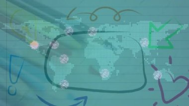 Dünya haritası ve çizimleriyle bağlantı ağının animasyonu. bağlantılar, iş dünyası, teknoloji ve dijital arayüz kavramı dijital olarak oluşturulmuş video.