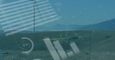 Rüzgar türbini üzerinde finansal veri işleme animasyonu. küresel çevre, ekoloji, finans, iş dünyası, dijital arayüz ve teknoloji konsepti dijital olarak oluşturulmuş video.