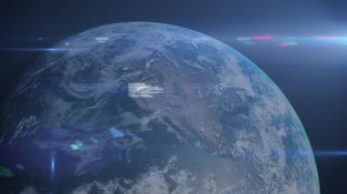 Veri işleme ve dünya üzerinde parlayan ışık izlerinin animasyonu. küresel ağlar, dijital arayüz ve teknoloji konsepti dijital olarak oluşturulmuş video.