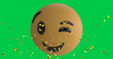 Yeşil ekran arka planında göz kırpan emoji simgesinin üzerine düşen konfeti animasyonu.