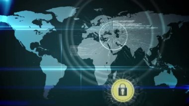 Siyah arka planda çevrimiçi güvenlik kilidiyle bağlantı ağının animasyonu. küresel internet güvenliği ve bağlantılar konsepti dijital olarak oluşturulmuş video.