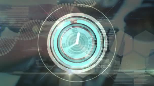Animação Relógio Escopo Circular Digitalização Dados Mãos Usando Computador Tecnologia — Vídeo de Stock