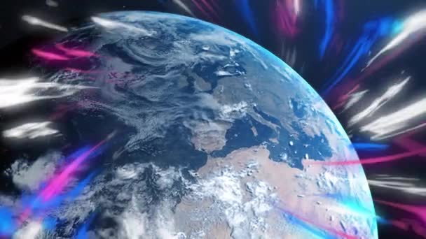 Animación Senderos Luz Brillante Sobre Planeta Tierra Redes Globales Interfaz — Vídeos de Stock