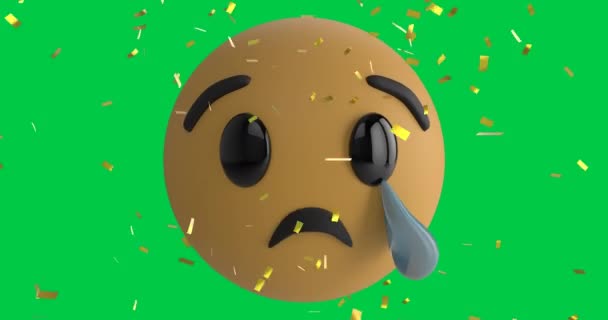 Animação Confetes Caindo Sobre Ícone Emoji Chorando Fundo Tela Verde — Vídeo de Stock