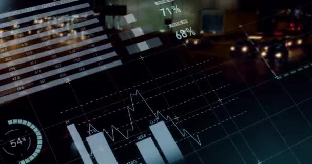 Animação Processamento Estatísticas Sobre Luzes Fora Foco Paisagem Urbana Negócio — Vídeo de Stock