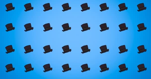 Animación Sombrero Negro Repetido Fondo Azul Moda Accesorios Fondo Patrón — Vídeos de Stock