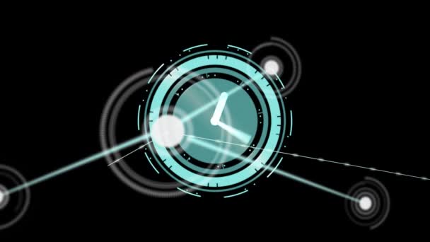 Animation Clock Rotating Hands Network Connections Black Background Global Communication — Stock Video