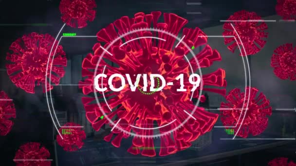 Animation Text Covid Scanner Red Covid Virus Cells Distorting Interface — Stock Video
