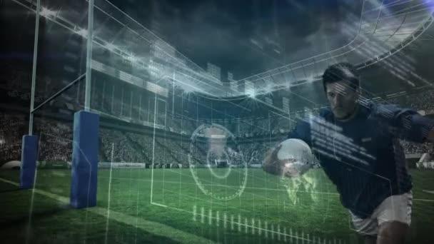 Rugby Sahasındaki Ragbi Oyuncuları Üzerinden Veri Işleme Animasyonu Küresel Spor — Stok video