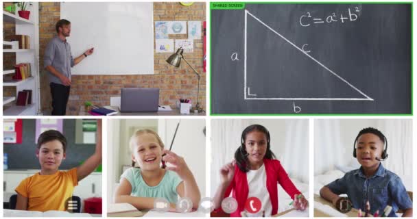 Animazione Sei Schermi Diversi Bambini Insegnanti Lavagne Durante Lezioni Matematica — Video Stock