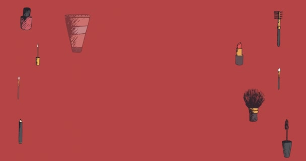 Анимация Макияжа Красном Заднике Концепция Цифровой Анимации Использованием Аксессуаров Одежды — стоковое видео