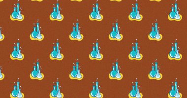 Kahverengi arka planda kusursuz döngü içinde hareket eden kimya laboratuvarı ekipmanı denek simgelerinin birden fazla sıra görüntüsü. Okula geri dönen eğitim ve dijital olarak oluşturulan öğrenme kavramı.