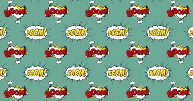 Birden fazla klasik çizgi film konuşma baloncukları ve Boom! Yeşil arkaplan üzerine metin. Retro pop sanat oluşum kavramı dijital olarak oluşturuldu.