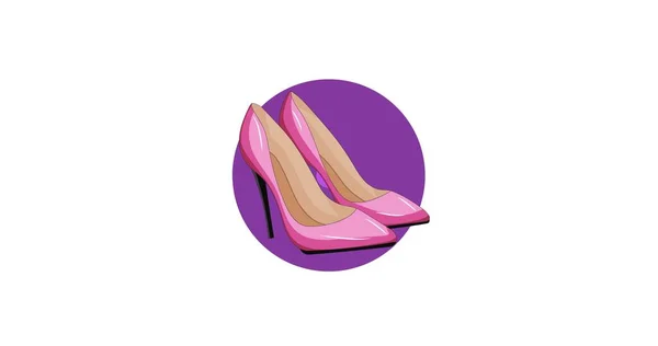 紫色の円でピンクのスタイレットシューズの構成 白い背景に ファッション アクセサリーのコンセプトデジタル画像 — ストック写真