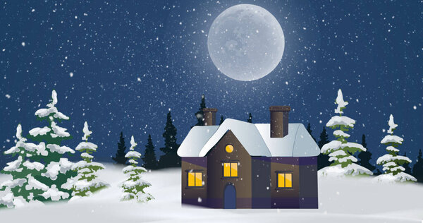 Image of winter scenery with snow covered landscape, snow falling, house, trees and full moon on blue background. Christmas festivity tradition concept digitally generated image.