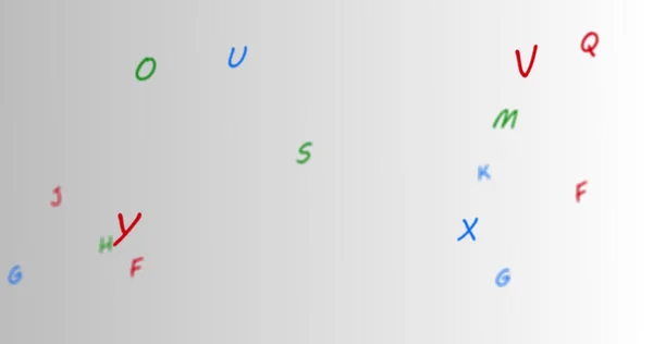 Cyfrowy Obraz Kolorowych Losowych Liter Alfabetach Poruszających Się Białym Tle — Zdjęcie stockowe