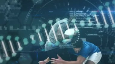 Rugby oyuncuları üzerinde dönen DNA ipliği ve veri işleme ile dijital arayüzün animasyonu. Tıbbi araştırma teknolojisi ve spor konsepti dijital olarak üretilen animasyon.