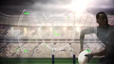 Rugby oyuncuları üzerinde dönen güvenli kilitle dijital arayüzün animasyonu. dijital veri güvenliği teknolojisi ve spor konsepti dijital olarak oluşturulmuş animasyon.