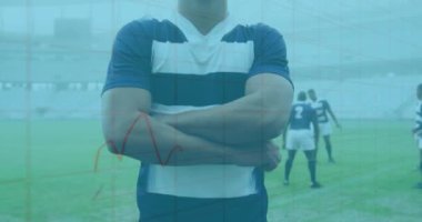 Ragbi oyuncularının istatistiklerinin animasyonu. global spor, teknoloji, dijital arayüz ve bağlantılar konsepti dijital olarak oluşturulmuş video.