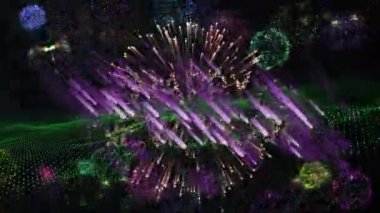 Dalgalanan yeşil nokta manzarası üzerine havai fişeklerle dolu mutlu bir yeni yıl metni animasyonu. kutlama, yeni yıl, parti ve olay konsepti dijital olarak oluşturulmuş video.