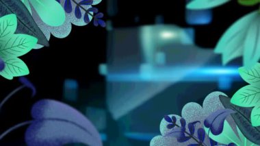Bulanık teknoloji nesneleri üzerinde sallanan bitkilerin animasyonları. Doğa ve teknoloji kavramı dijital olarak üretilen video.