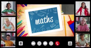 İnternet dersinde metin, matematik, öğretmen ve altı farklı çocukla arayüz ekranının animasyonu. küresel iletişim teknolojisi ve çevrimiçi eğitim konsepti, dijital olarak oluşturulmuş video.