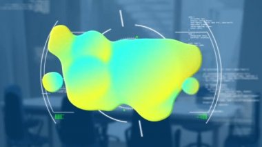 Parlayan kabarcıkların, taramanın ve boş ofisin veri işlemesinin animasyonu. küresel iş, dijital arayüz, teknoloji ve ağ konsepti dijital olarak oluşturulmuş video.