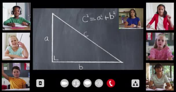 Online Derste Yazı Tahtası Öğretmen Altı Farklı Çocukla Arayüz Ekranının — Stok video