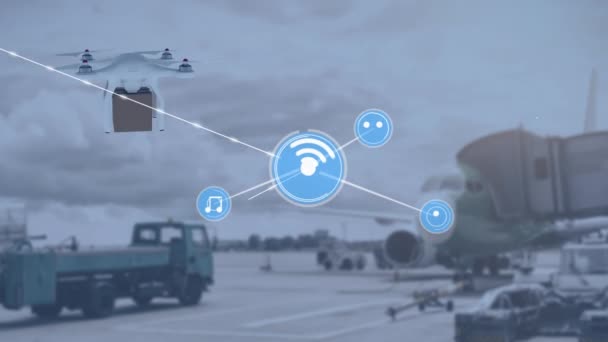 Animazione Rete Connessioni Con Icone Drone Che Trasportano Pacco Spedizione — Video Stock