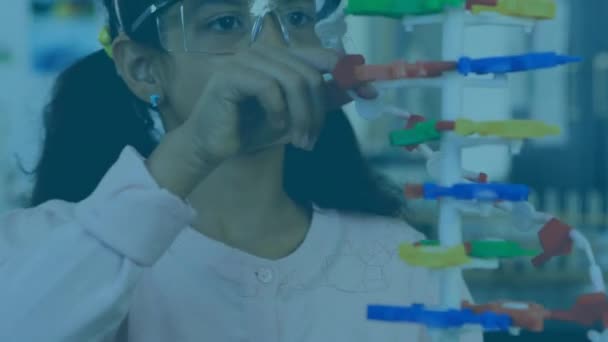 Abstract Shapes Floating Girl Touching Dna Structure Model Laboratory School — Stock Video
