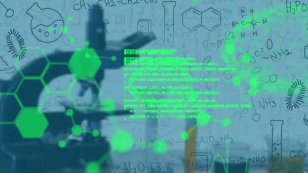 在显微镜下对白色背景下的化学结构进行医学数据处理 学校教育和技术概念 — 图库视频影像