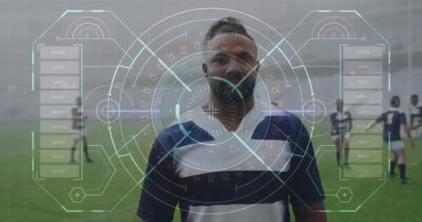 Animação Interface Digital Com Bloqueio Seguro Girando Sobre Jogadores Rugby — Vídeo de Stock