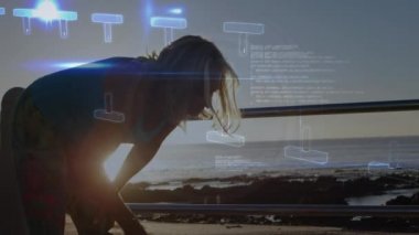 Yapay uzuvları deniz kenarında dinlenen bir kadının DNA 'sının canlandırması. fitness, engellilik, refah ve veri işleme konsepti dijital olarak oluşturulmuş video.