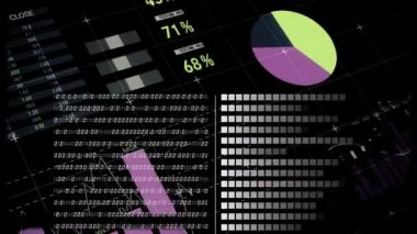Veri işleme ve kara arkaplan istatistiklerinin animasyonu. küresel bağlantı, dijital arayüz, teknoloji ve ağ konsepti dijital olarak oluşturulmuş video.