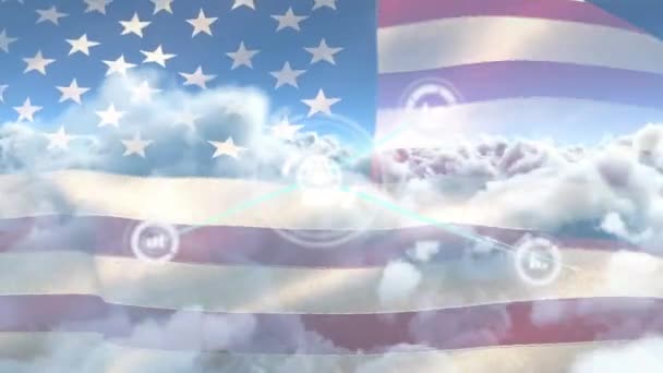 Nätverk Anslutningar Med Ikoner Över Molnig Himmel Med Usa Flagga — Stockvideo