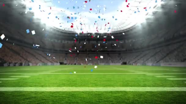 ラグビースタジアムの上にコンフェッティの落下のアニメーション 世界的なスポーツ競技会やお祝いデジタル生成ビデオ — ストック動画