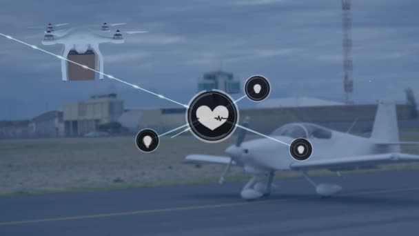 Animação Rede Conexões Com Ícones Sobre Pacote Transporte Drone Transporte — Vídeo de Stock