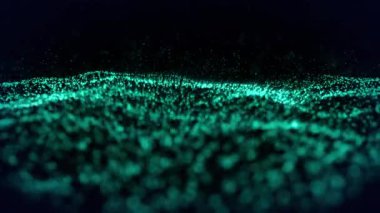 Siyah arkaplanda dalgalanan mavi parçacıkların canlandırması. Doğa, hareket ve enerji konsepti dijital olarak oluşturulmuş video.