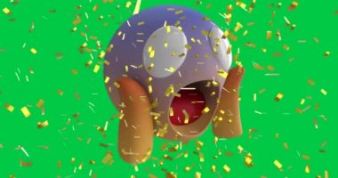 Yeşil ekran arka planında şok olmuş emoji simgesinin üzerine düşen konfeti animasyonu. küresel sosyal medya, dijital arayüz, teknoloji ve ağ konsepti dijital olarak oluşturulmuş video. deneme