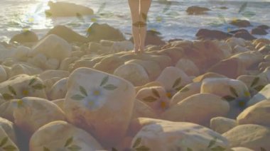 Deniz kenarındaki kadın üzerindeki çiçek desenlerinin animasyonu. küresel sosyal medya, veri işleme, dijital arayüz ve teknoloji konsepti dijital olarak oluşturulmuş video.