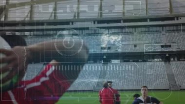 Spor stadyumundaki ragbi maçında veri işleme animasyonu. küresel spor, rekabet ve veri işleme kavramı dijital olarak oluşturulmuş video.