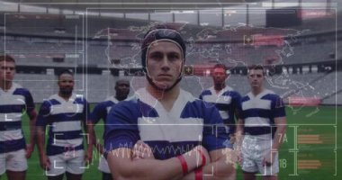 Rugby oyuncuları üzerinde covid 19 tıbbi veri işleme ile dijital arayüzün animasyonu. Tıbbi araştırma teknolojisi ve spor konsepti dijital olarak üretilen animasyon.