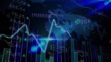 Veri işleme ve qr kodlarının grafik ve bilgi üzerinden, siyah arkaplan üzerinde canlandırılması. dijital ağ ve küresel iletişim konsepti dijital olarak oluşturulmuş video.