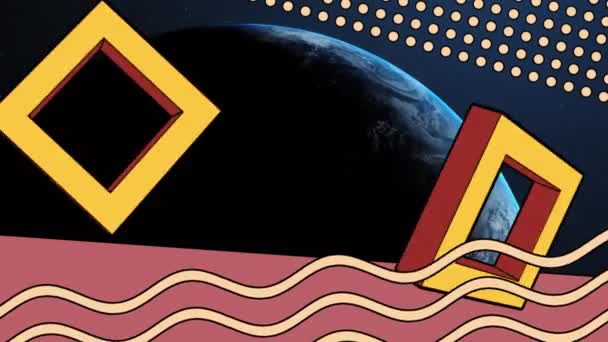 Animasi Bentuk Abstrak Retro Atas Planet Bumi Koneksi Global Antarmuka — Stok Video