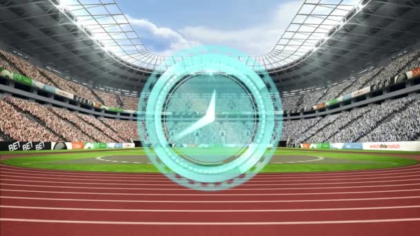 Animacja Zegara Cyfrowego Nad Stadionem Sportowym Globalne Sporty Przetwarzanie Danych — Wideo stockowe