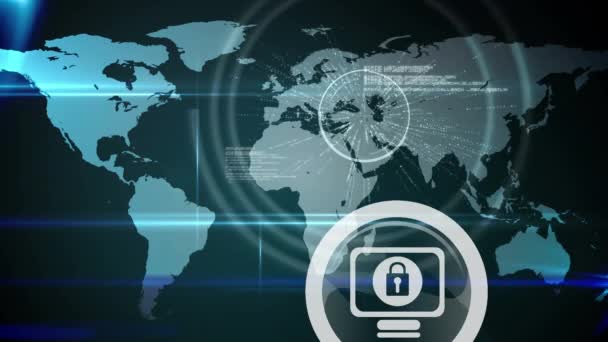 Анимирование Сети Соединений Сетевым Замком Безопасности Карте Мира Глобальная Безопасность — стоковое видео