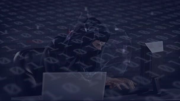 Animacja Sieci Połączeń Kodowaniem Binarnym Hakerem Połączenia Cyberprzestępczość Technologia Koncepcja — Wideo stockowe