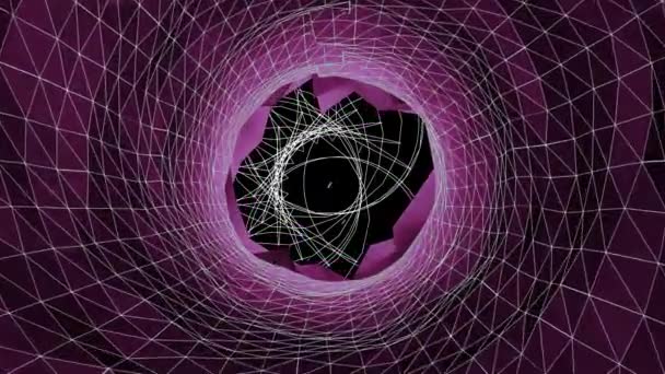 ピンクと白のトンネルのアニメーションと星と黒の背景に白い幾何学を移動します 地球規模の通信技術とデジタルデータ共有の概念デジタル生成されたビデオ — ストック動画